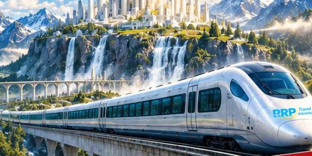 The Utopia Express, a shining white train on a bridge with waterfalls and a city of towers behind it