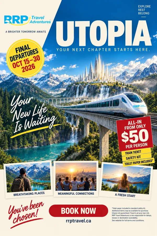 RRP Travel Adventures poster: UTOPIA, a cleaner, kinder, brighter tomorrow. Final departures Oct 15 to 30, 2026. Your new life is waiting. All-in from only $50 per person. Book now. You've been chosen.